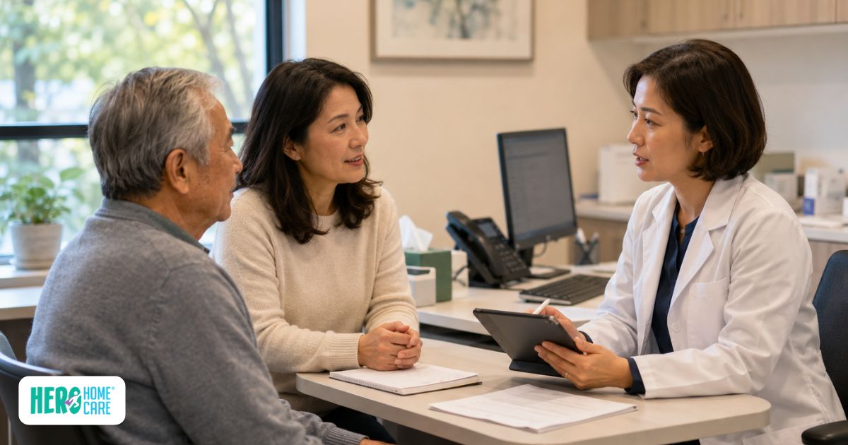 Doctor providing information about dementia evaluations and medical care options for an older adult and family member in Vancouver.