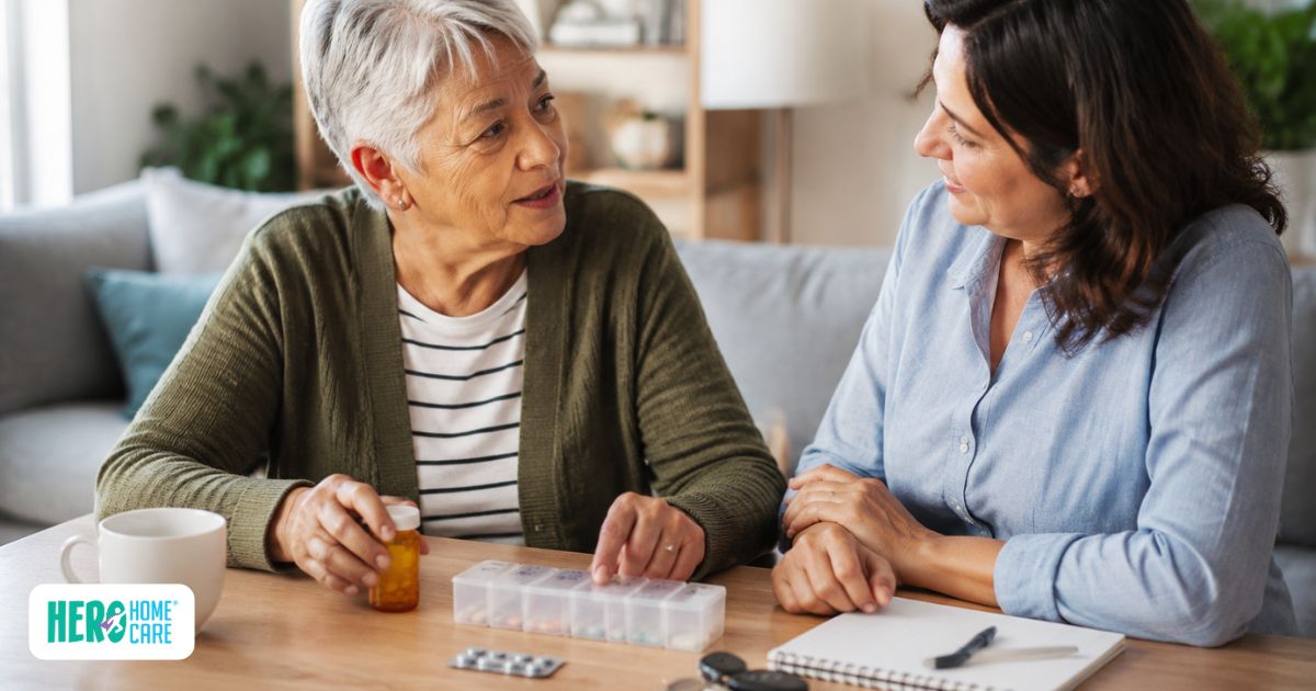 Older adult and family member discussing medication and driving safety while reviewing daily routines at home.