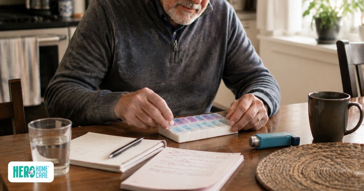 Older adult with COPD organizing prescribed medications and inhaler supplies at home, illustrating treatment adherence, medication routines, and practical strategies for managing daily respiratory care.