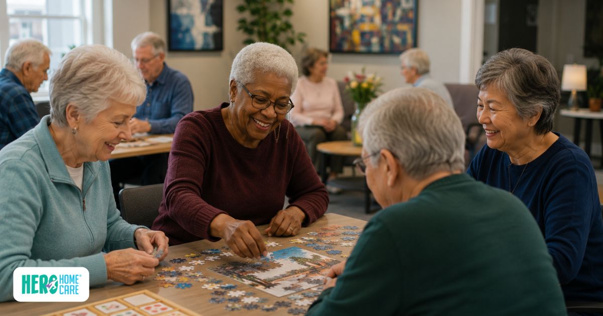 Older adults participating in memory programs by working on a jigsaw puzzle together at a community centre.