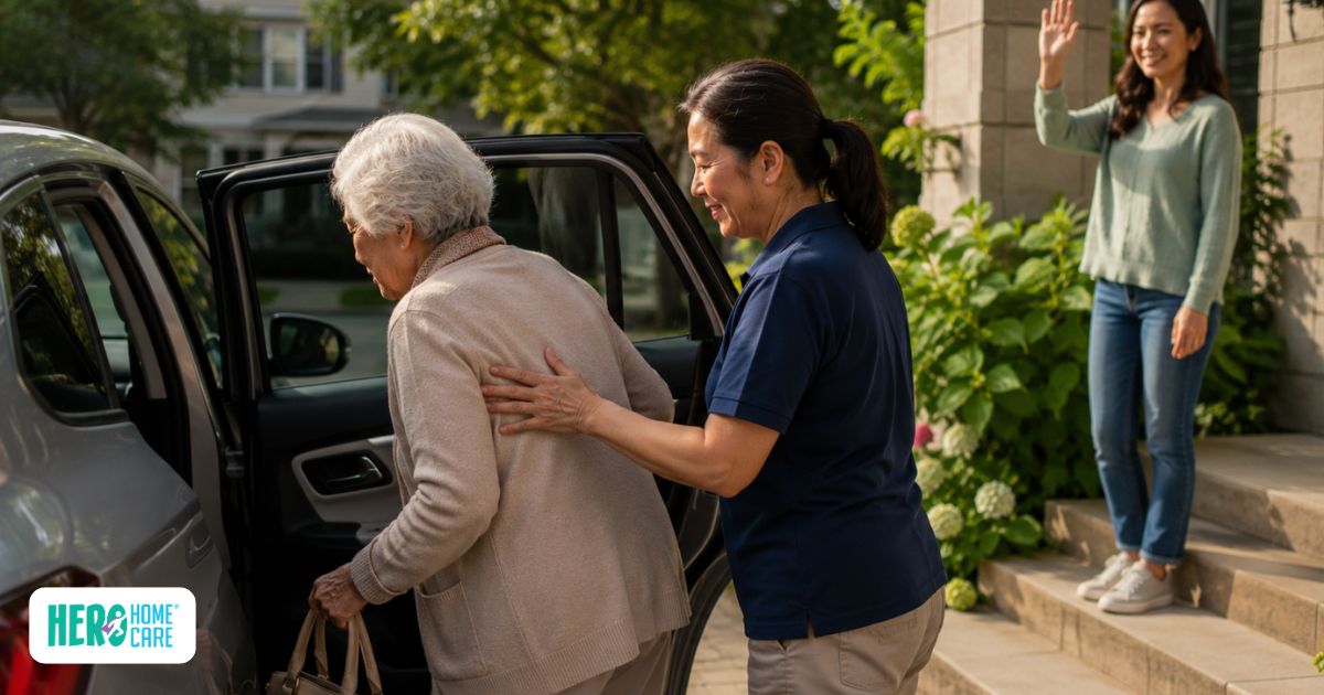 Caregiver assisting an older adult into a vehicle for transportation to a medical appointment in North Vancouver.