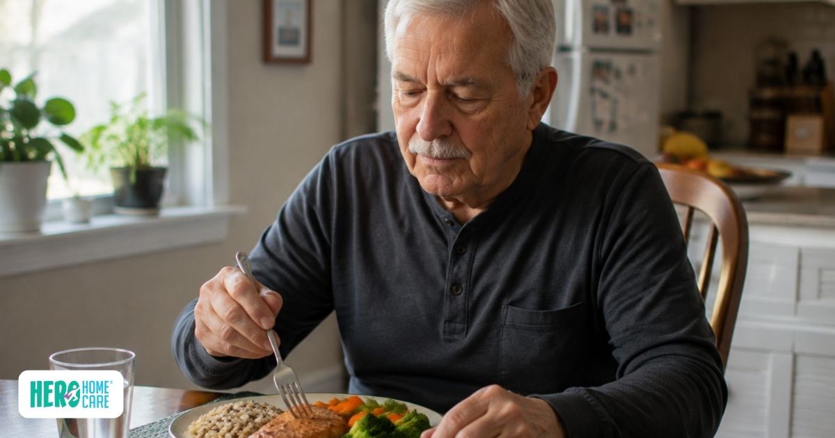 Older adult with COPD eating a balanced meal at home, representing the role of nutrition and hydration in maintaining energy, strength, and daily wellbeing while managing chronic respiratory challenges.