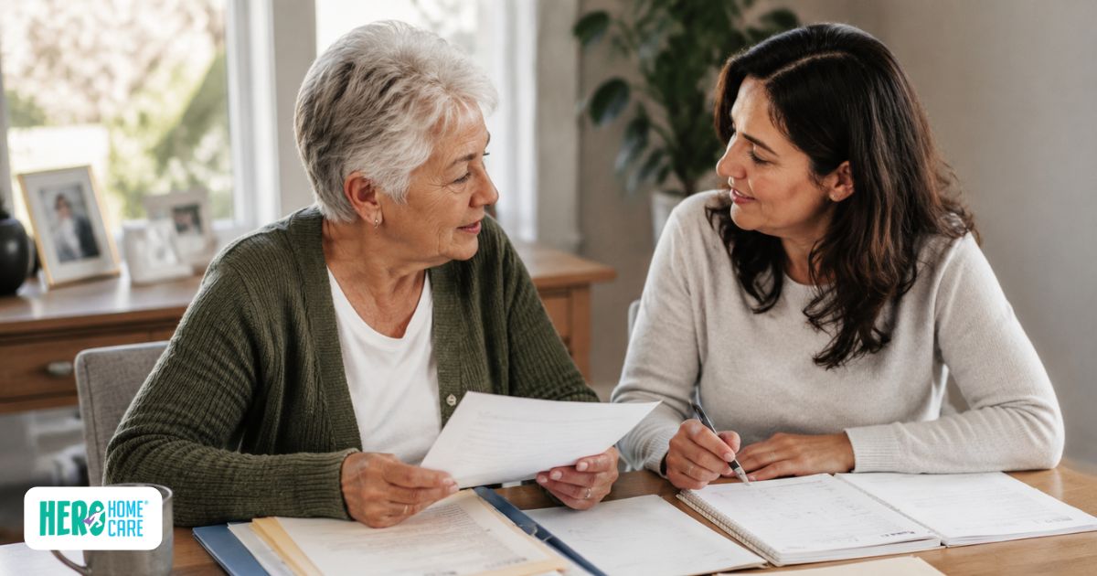 Senior and family member discussing personal and legal planning documents at home while organizing important decisions.