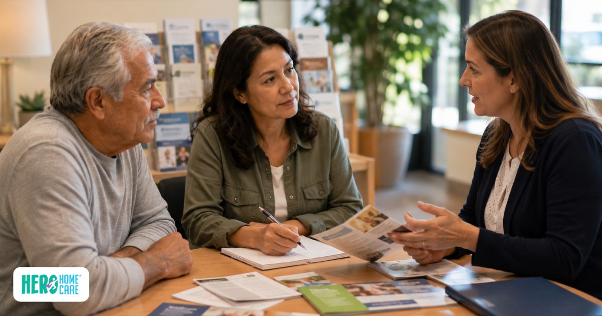 Family members receiving guidance about resources for different types of dementia during a support consultation.