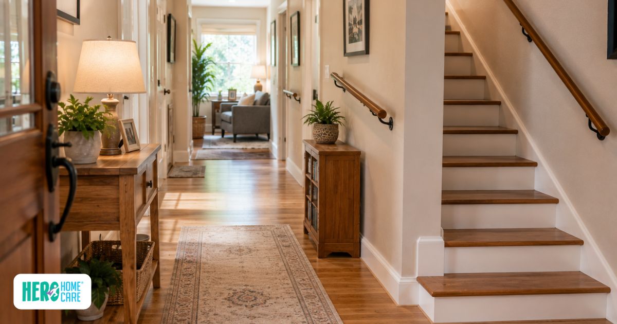 A senior-friendly home entrance with handrails and clear walkways highlighting safety and emergency resources for seniors in North Vancouver.
