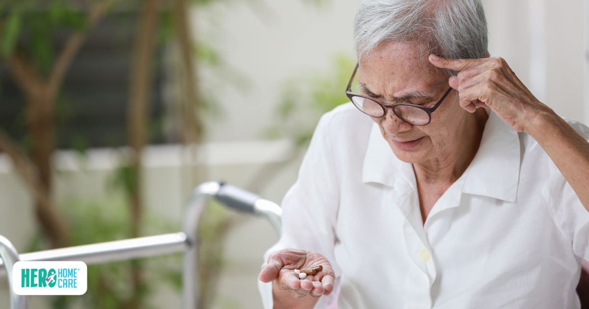Older adult experiencing memory concerns while reviewing medication, representing signs that additional dementia support may be needed.