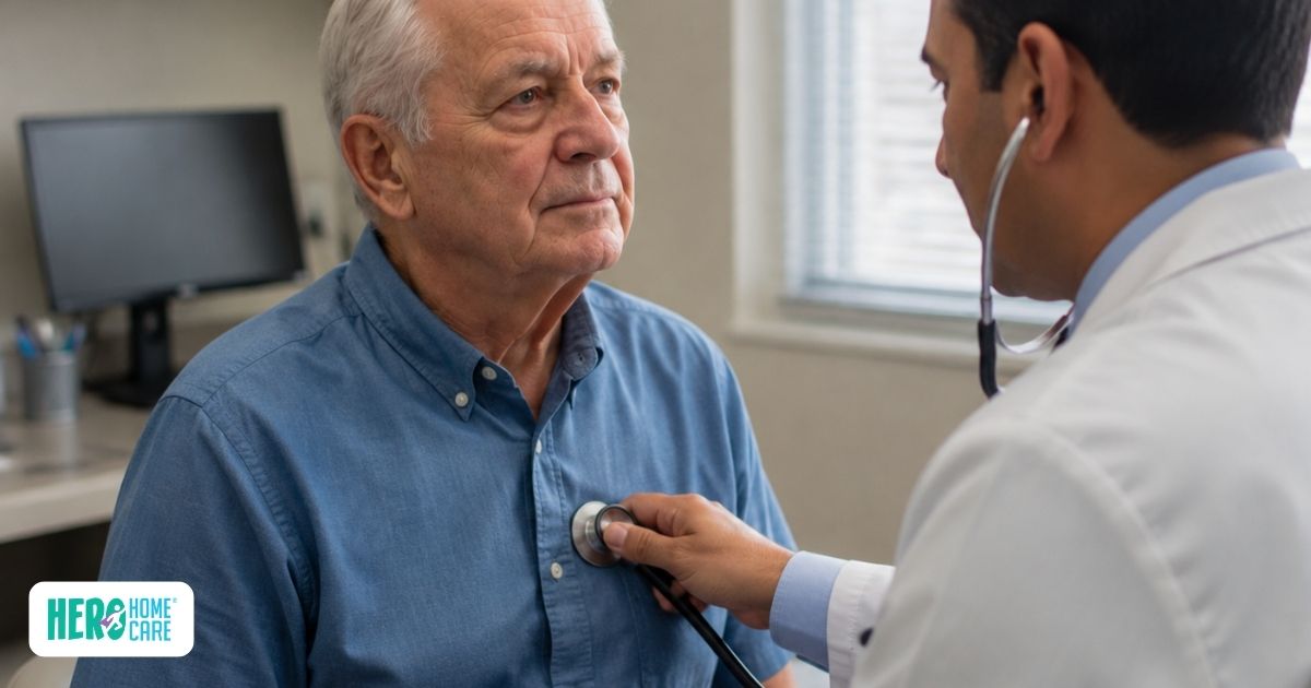 Older adult discussing COPD symptoms and respiratory health with a healthcare professional during a medical consultation, representing evaluation and management of chronic lung disease in later life.