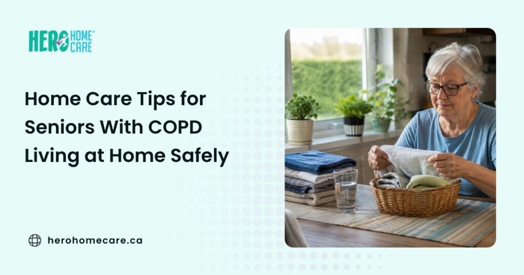 Older adult with COPD managing a light household activity at home, showing pacing and energy conservation with a calm, independent daily routine.