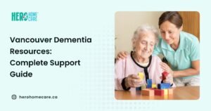 Older adult receiving support from a caregiver while exploring dementia resources and care options in Vancouver.