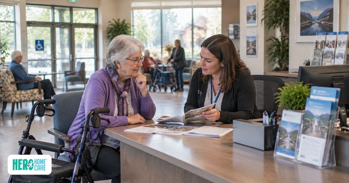 Older adult receiving guidance and information from a community support representative in a public resource centre, highlighting access to mobility services and aging support resources.
