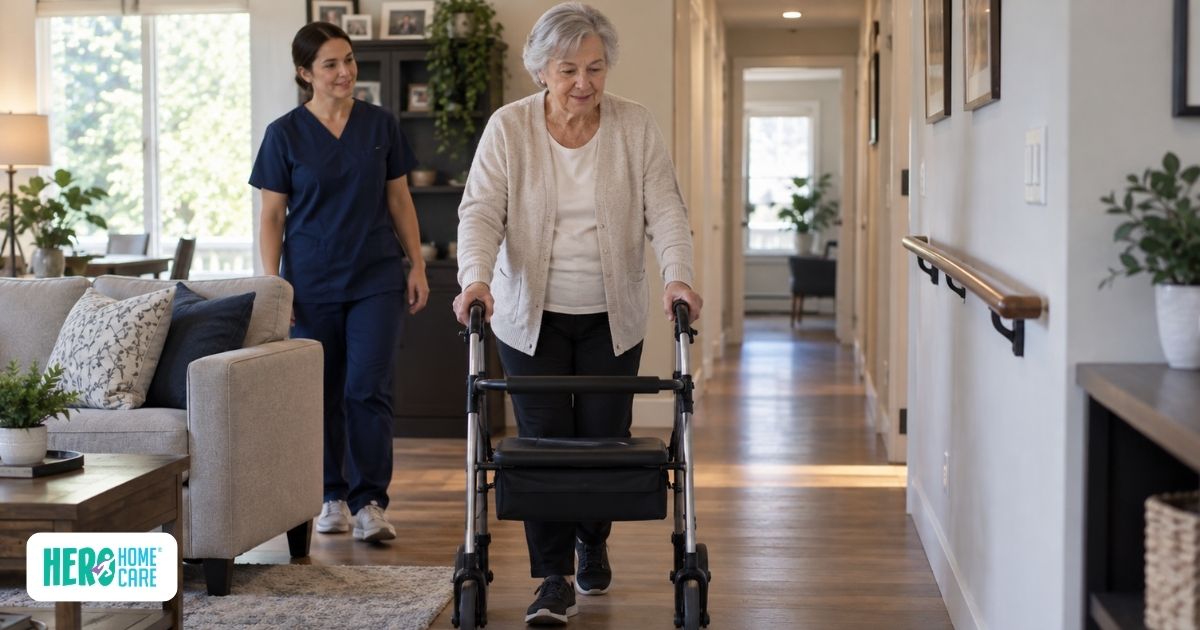 Older adult using a walker while a caregiver provides support during safe mobility practice at home, with a clear pathway and fall-prevention features visible in the living environment.