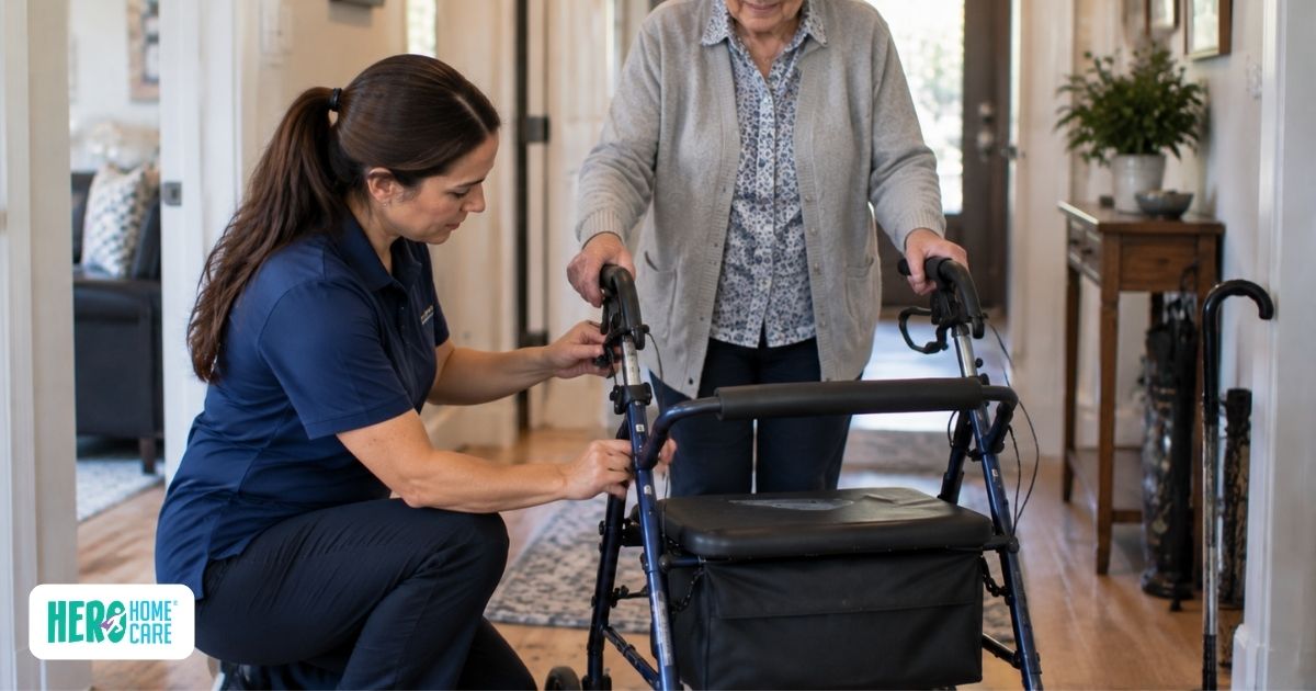Older adult using a rollator walker with assistance from a caregiver at home, showing mobility support and safe use of an assistive device to help maintain independence.