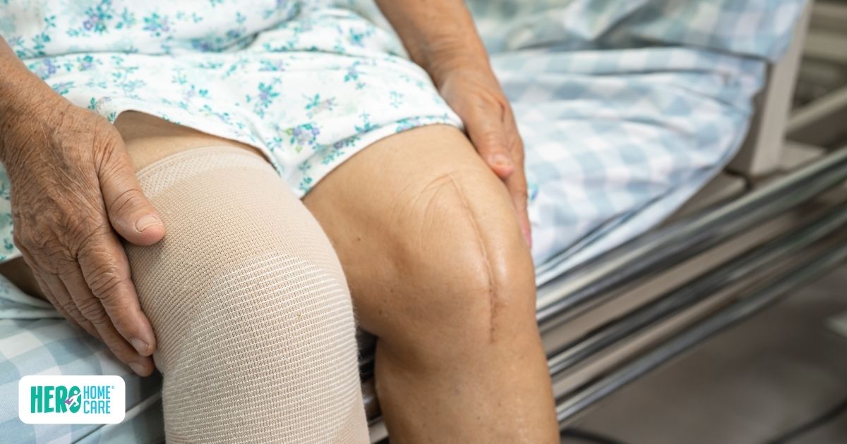 Older adult recovering after surgery or hospitalization, with a close-up view of a supported knee and mobility-related recovery care while resting at home.