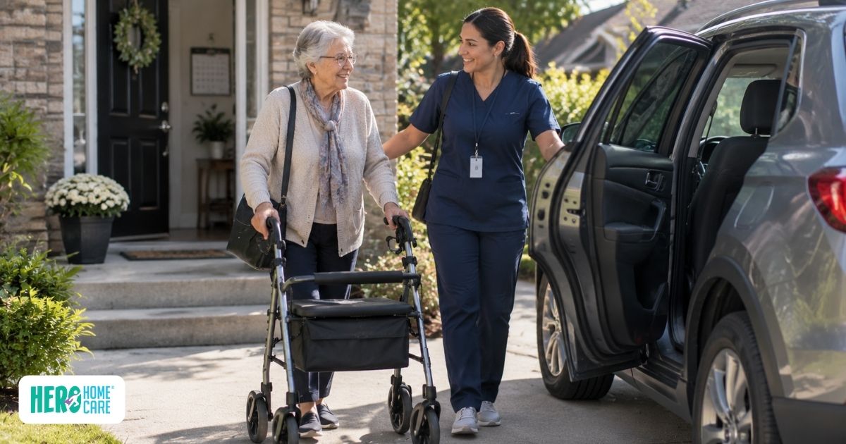 Older adult using a walker while receiving transportation assistance from a caregiver outside the home, with support provided during vehicle access and community travel.